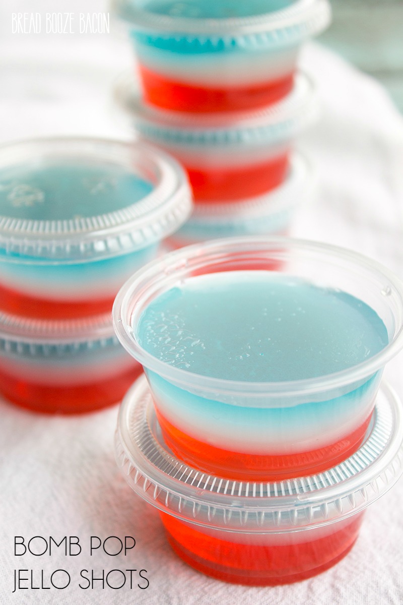 Bomb Pop Jello Shots stacked up on a counter top.