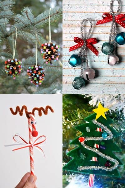 pom poms and pinecones ornaments, jingle bell ornaments using silver pipe cleaners, candy cane turned into a reindeer, felchristmas tree with candy cane trunk