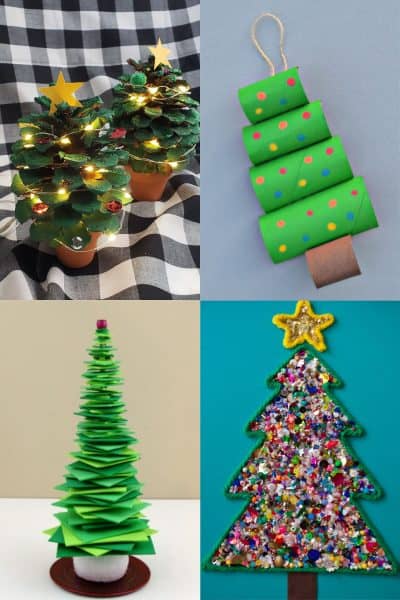 painted pinecones decorated with sequins and lights in a mini pot to look like a christmas tree, toilet paper rolls painted and stacked up to look like a christmas tree, green foam squares stacked up to make a tree, yarn christmas tree outline filled in with buttons and sequins