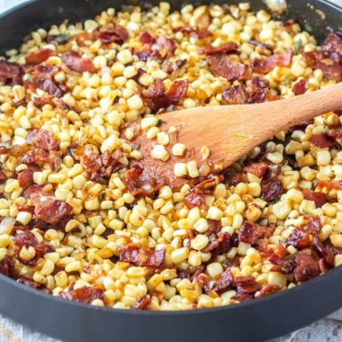 What do you get when you cook up bacon, onion, corn, maple syrup, and whiskey? The best side dish around! Southern Fried Corn is my husband's favorite!