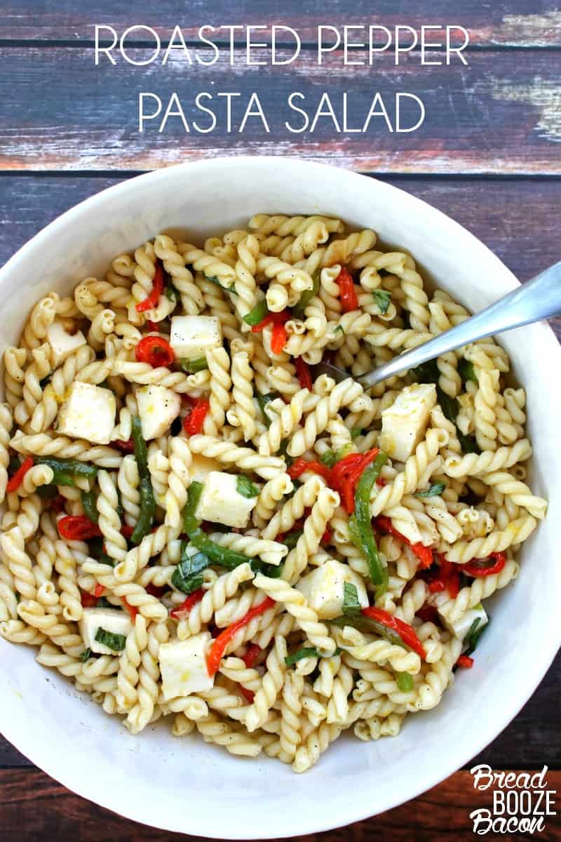 Roasted Pepper Pasta Salad is a killer summer side dish perfect brunch, grill outs, and picnics! Make it ahead of time and serve when ready! #BrunchWeek