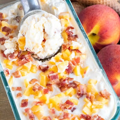 Bacon Bourbon Peach Ice Cream takes fresh summer fruit & turns it into a gourmet ice cream you can make at home! So good it'll make you weak in the knees!!