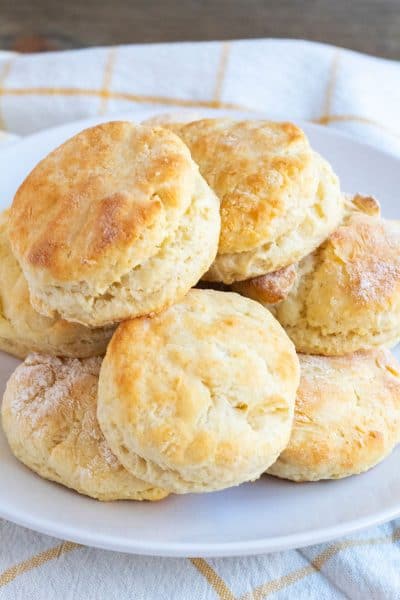 buttermilk biscuits piled on a plate