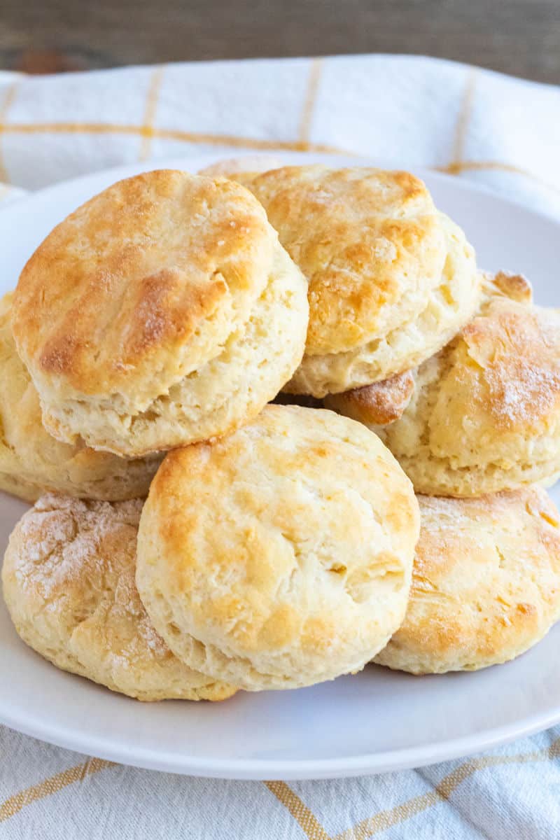 buttermilk biscuits piled on a plate