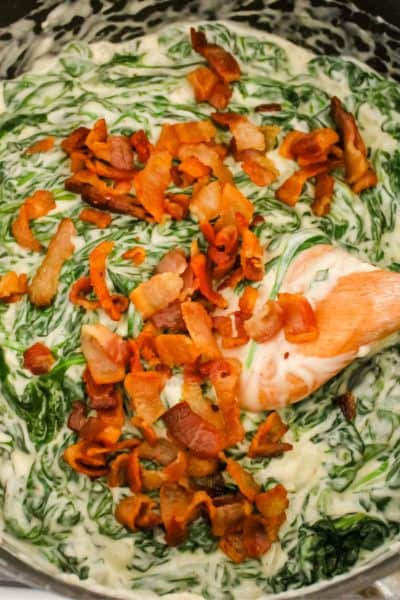 bacon being added to creamed spinach in a pot