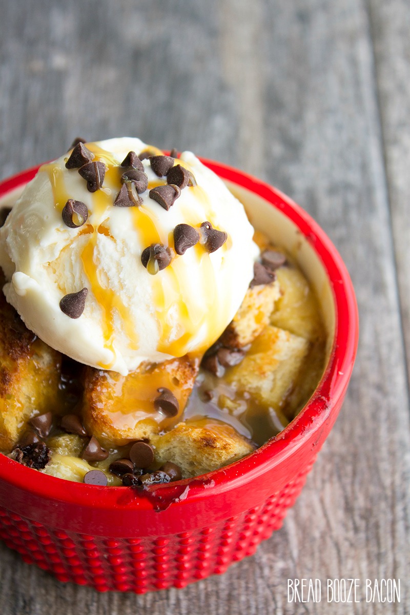 Caramel Chocolate Chip Bread Pudding for Two are little cups of deliciousness perfect for a date night in or when you don't want an entire cake staring you down...begging to be eaten!