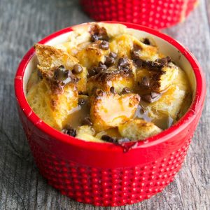 Caramel Chocolate Chip Bread Pudding for Two are little cups of deliciousness perfect for a date night in or when you don't want an entire cake staring you down...begging to be eaten!