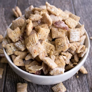 Bacon Fluffernutter Puppy Chow is a sweet & salty snack that'll make anyone sit up and beg!