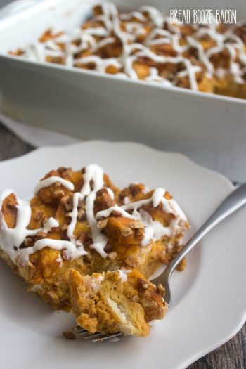 This Pumpkin Bread Pudding Recipe is fall comfort food at its finest! I like mine drizzled with cream cheese glaze!
