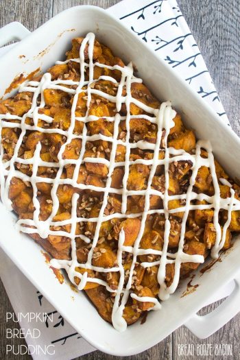 This Pumpkin Bread Pudding Recipe is fall comfort food at its finest! I like mine drizzled with cream cheese glaze!
