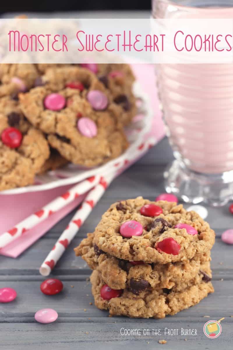 Monster Sweetheart Cookies are loaded with chocolate, peanut butter, oats & festive M&Ms for a Valentine's Day cookie you'll adore!
