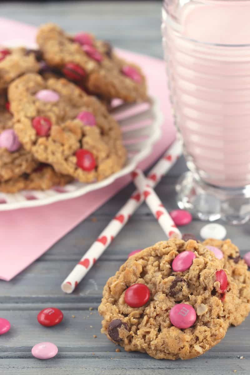 Monster Sweetheart Cookies are loaded with chocolate, peanut butter, oats & festive M&Ms for a Valentine's Day cookie you'll adore!