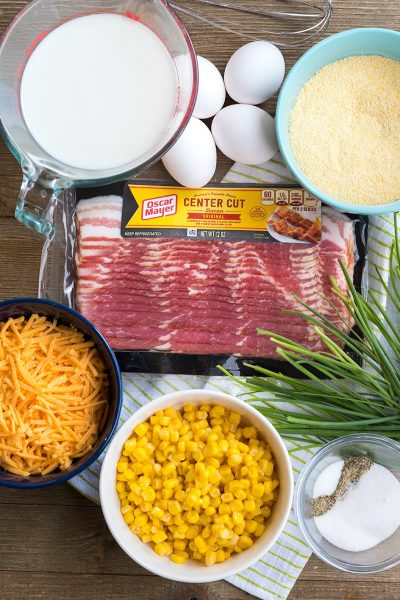 Ingredients to make cheesy bacon spoon bread