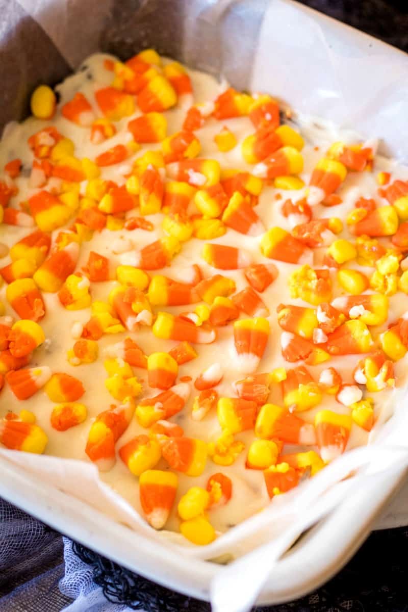 candy corn oreo truffle bark after setting up in a baking dish