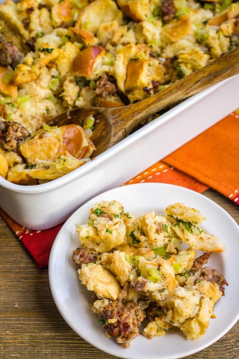 a serving of sausage stuffing on a plate for thanksgiving dinner