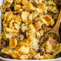 Thanksgiving Sausage Stuffing is a holiday classic that's a must have alongside your turkey! Italian sausage and fresh sage are the flavors of the season!