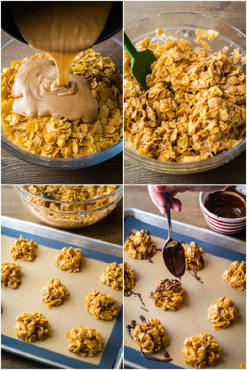 steps to make chocolate peanut butter cornflake cookies