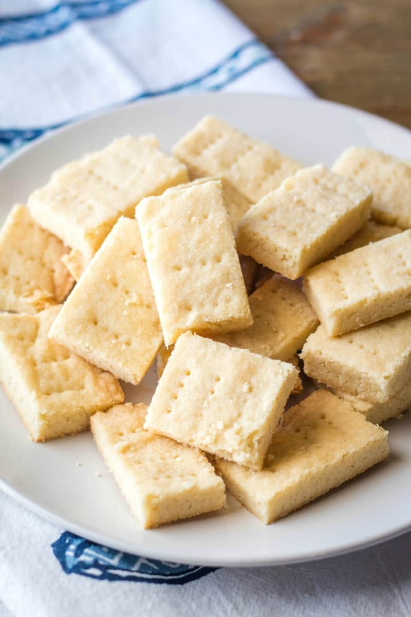 scottish shortbread cookies piled up on a plate