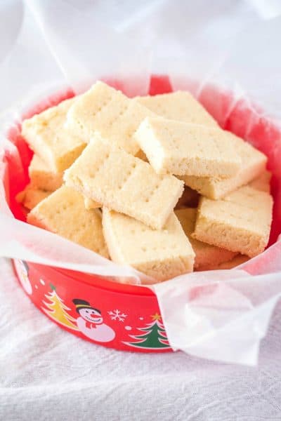 shortbread cookies in a christmas cookie tin for gifting