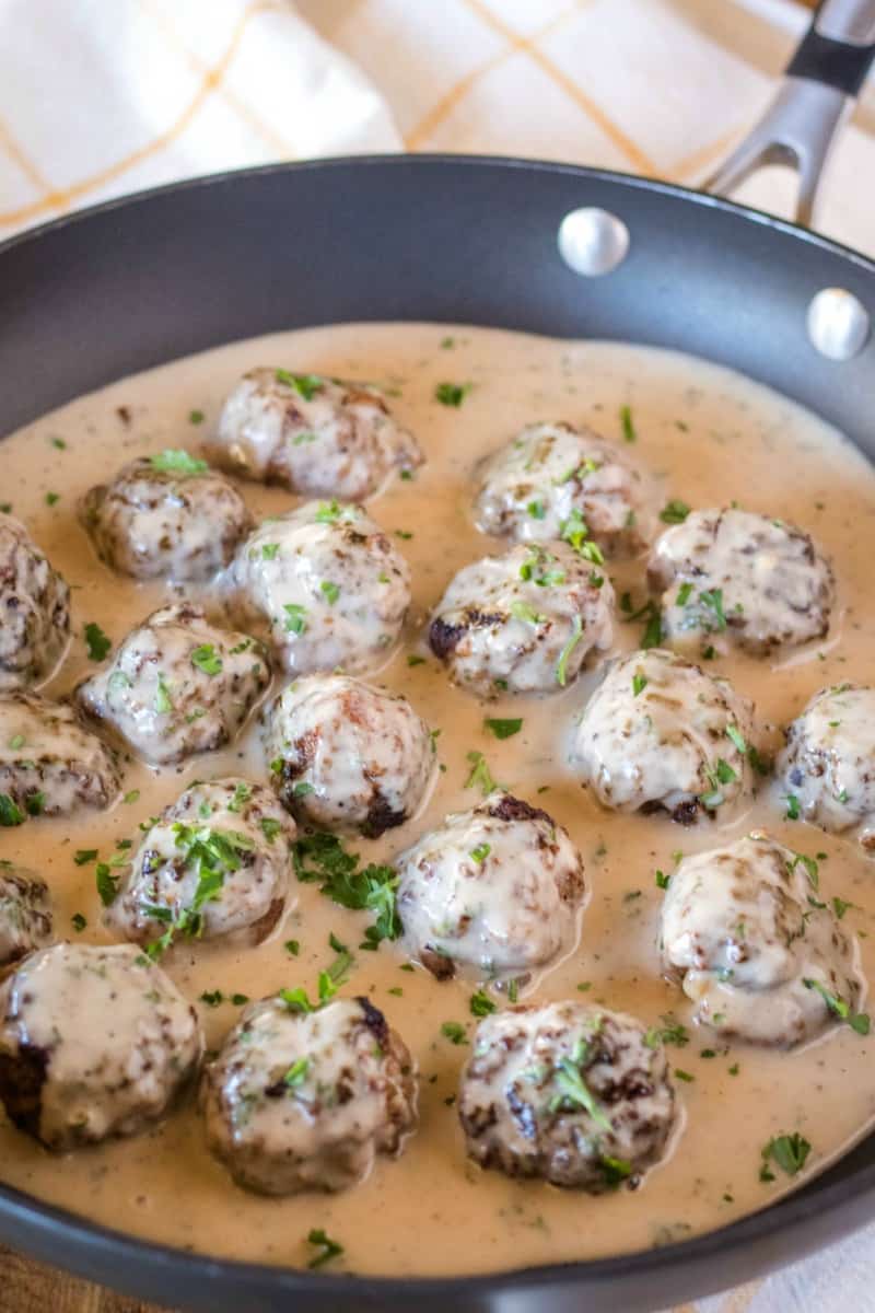 Swedish meatballs in a skillet with sauce