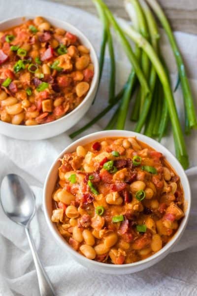 two bowls of bacon white chicken chili