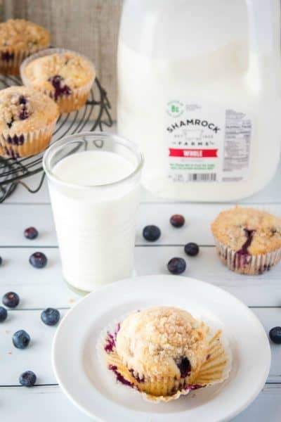 blueberry muffins served up with Sharmrock Farms milk
