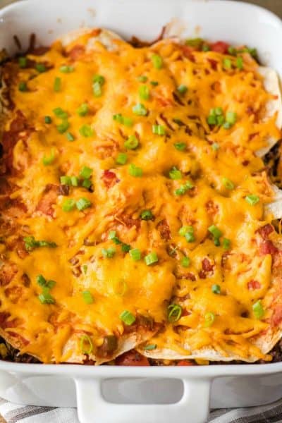 mexican lasagna recipe in baking dish after cooking