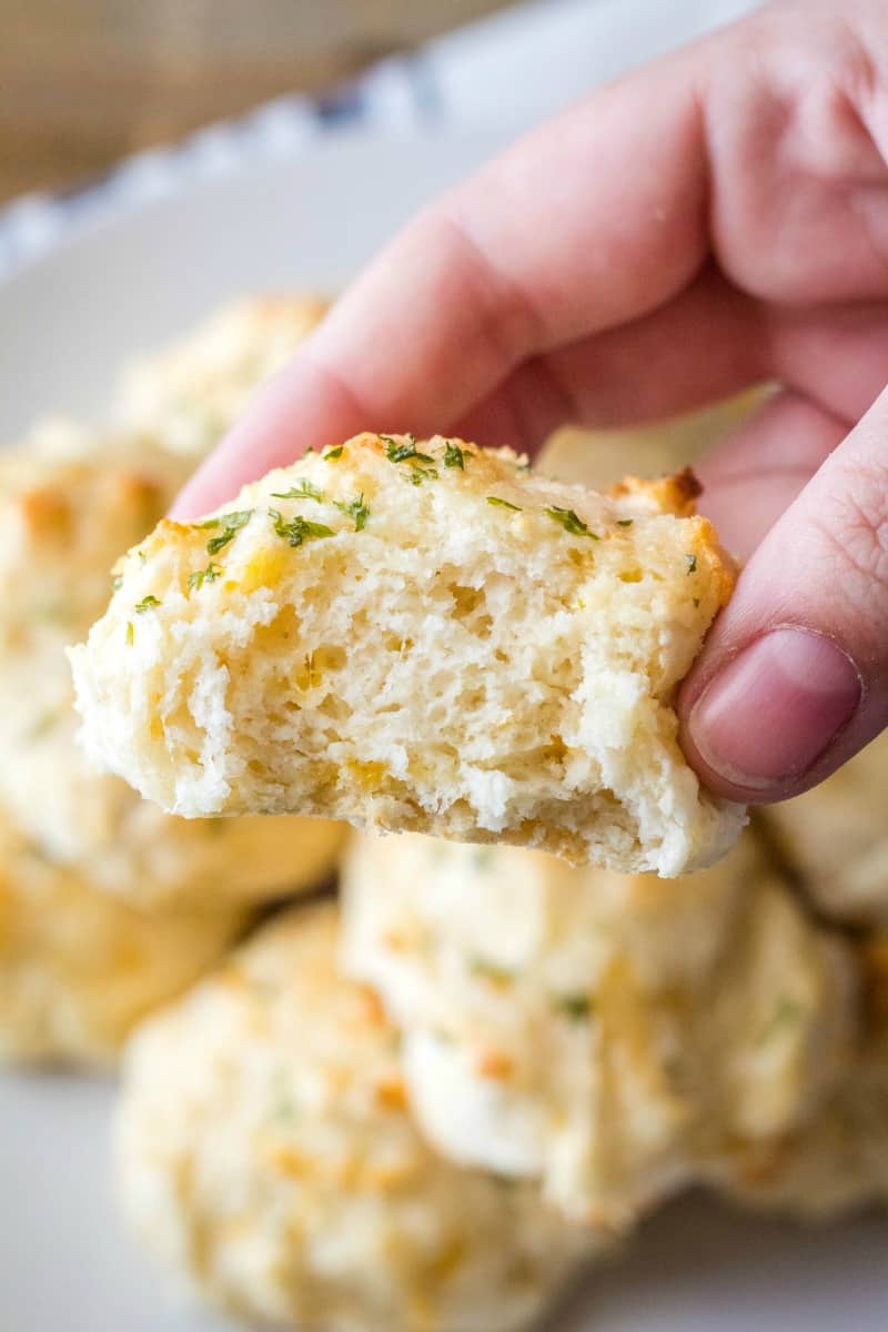 cheddar bay biscuits broken open to show inside