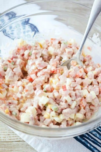 ham salad in a bowl after being mixed