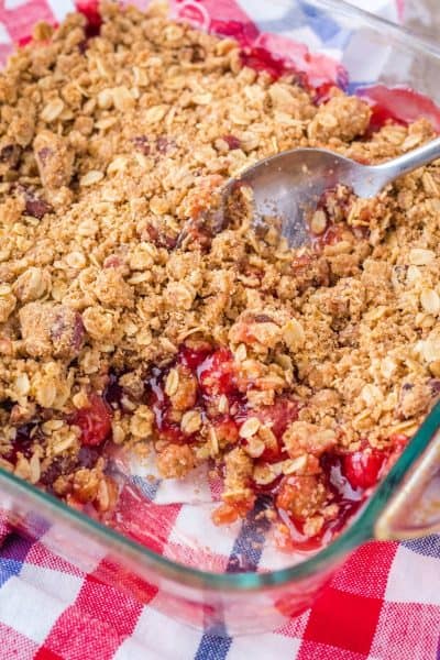 cherry crisp in a pan after baking