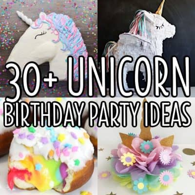 square collage of unicorn birthday party ideas with white text
