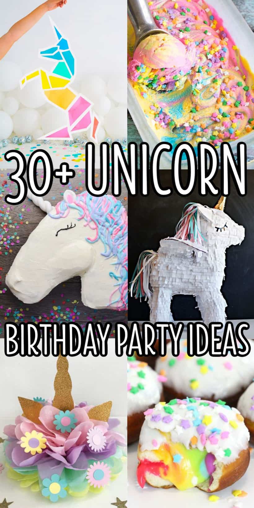 vertical collage of unicorn birthday party ideas with white text