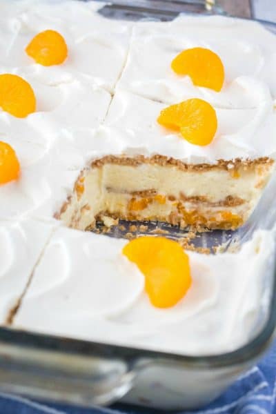 no bake oange ice box cake with a slice taken out