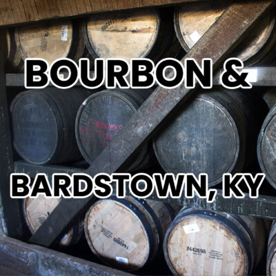 square images of bourbon barrels in a rack house with text overlay