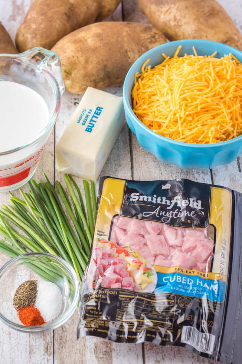 ingredients to make cheesy scalloped potatoes with ham