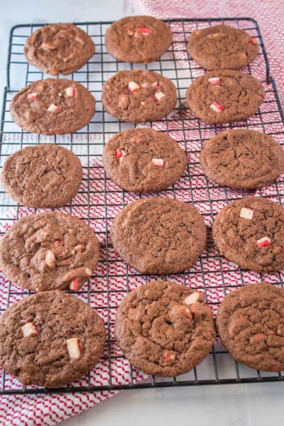 chocolate peppermint cookies on a cooling rack