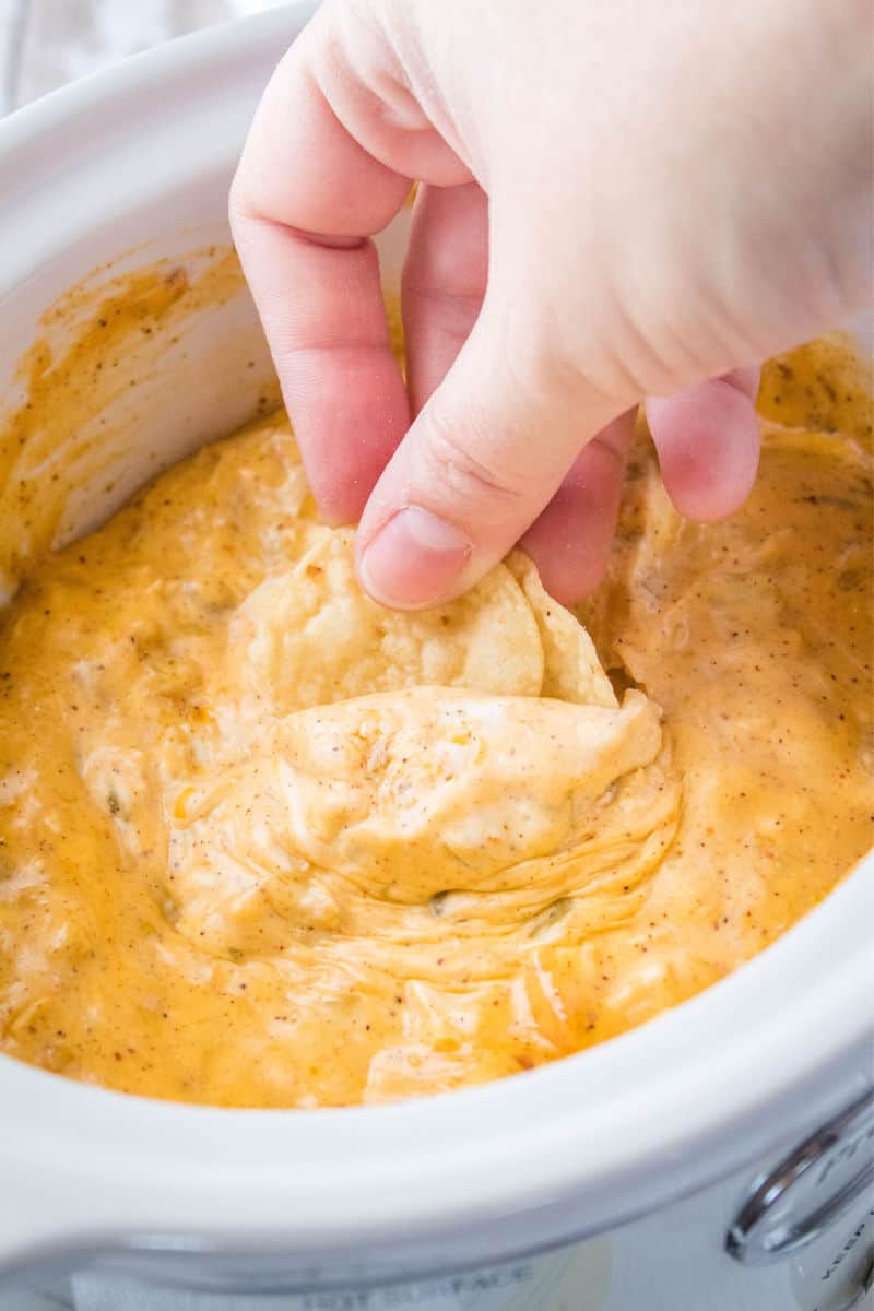 tortilla chips being dipped into chicken queso