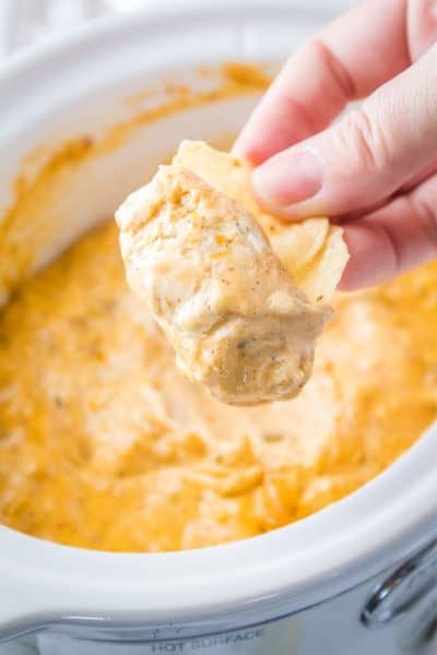 tortilla chips with crock pot green chile chicken queso dip