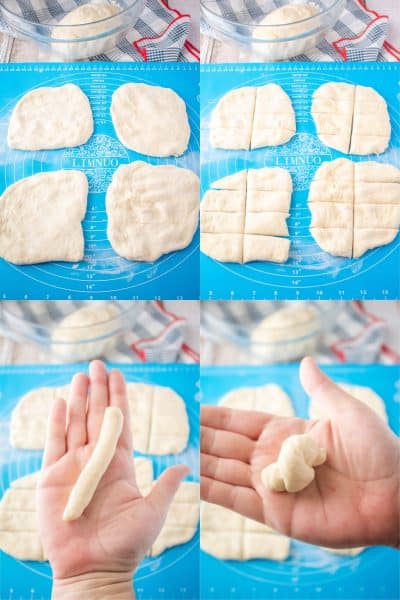 steps to form knots from pizza dough