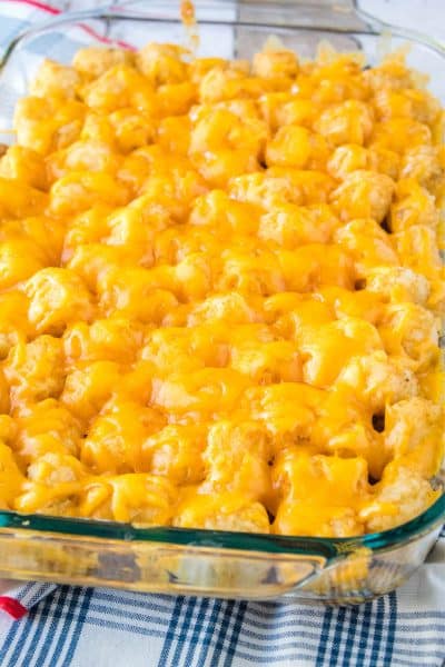 casserole with tater tots covered in cheese