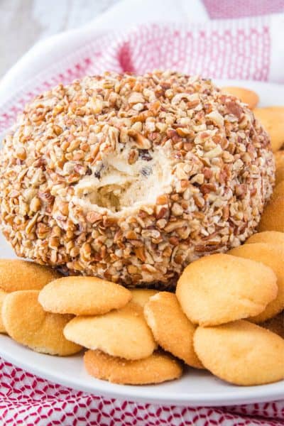 cookie dough cheese ball with the filling showing