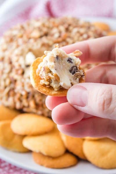 cookie dough cheese ball spread on a Nilla wafer