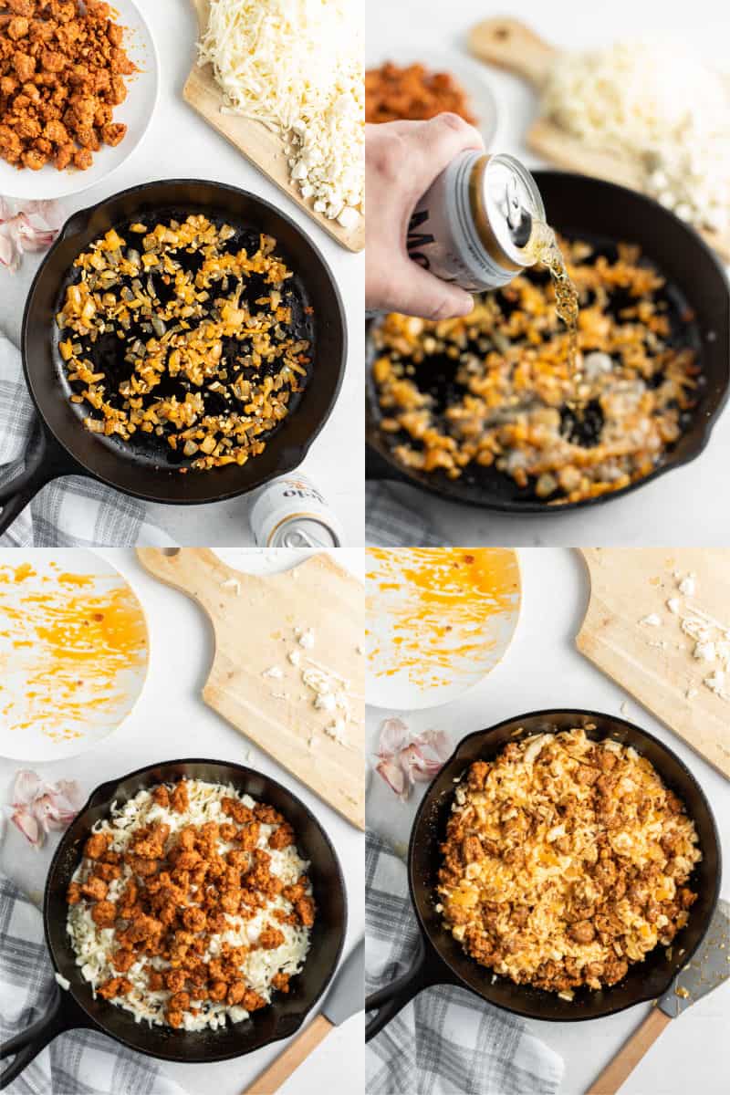 onions and garlic cooked in a cast-iron skillet, beer being pour into a skillet with onions and garlic; cast-iron skillet with cooked chorizo, mozzarella cheese, and queso fresco; skillet of cooked queso fundido with chorizo