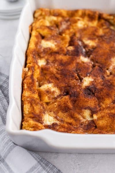 french toast casserole in a baking dish after cooking