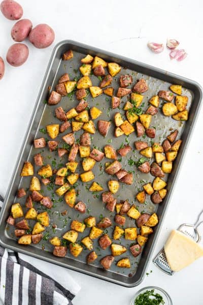 sheet pan with garlic parmesan roasted red potatoes