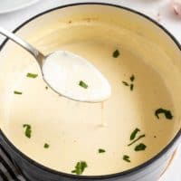 spoonful of alfredo sauce with chopped parsley