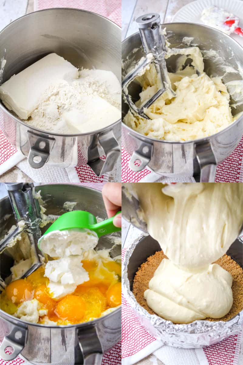 cream cheese, flour, and sugar in a mixing bowl, cream cheese mixture after mixing, eggs and sour cream added to mixing bowl, cheesecake batter being poured into springform pan with baked graham cracker crust
