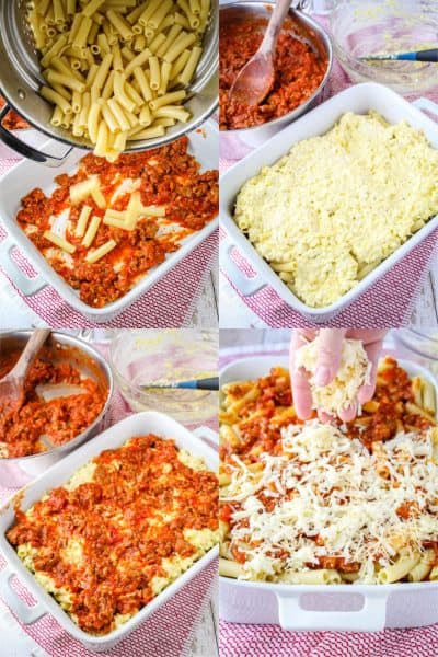 meat sauce in a baking dish with pasta being poured in, cheese filling spread over pasta in dish, meat sauce, over cheese filling, hand sprinkling cheese over sauce on pasta in dish