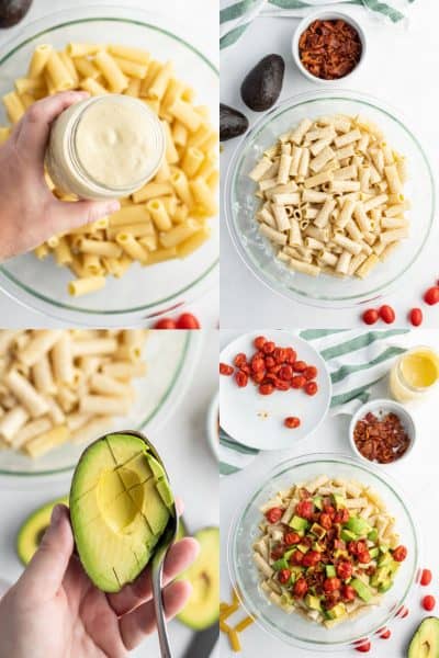 avocaod ranch dressing in a jar, cooked rigatoni tossed in dressing in a bowl, spoon scooping diced avocado from the peel, rigatoni with dressing, bacon, roasted tomatoes, and avocado in a bowl before mixing