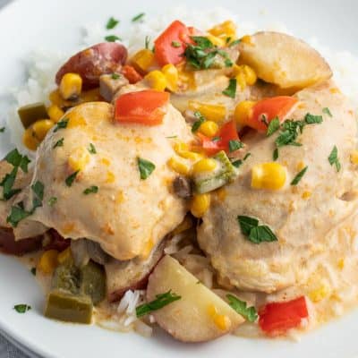 square image of crock pot chicken and potatoes